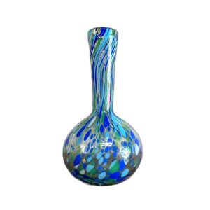 Hand Blown Mexico Confetti Glass Vase Blue Green Speckled Art Glass